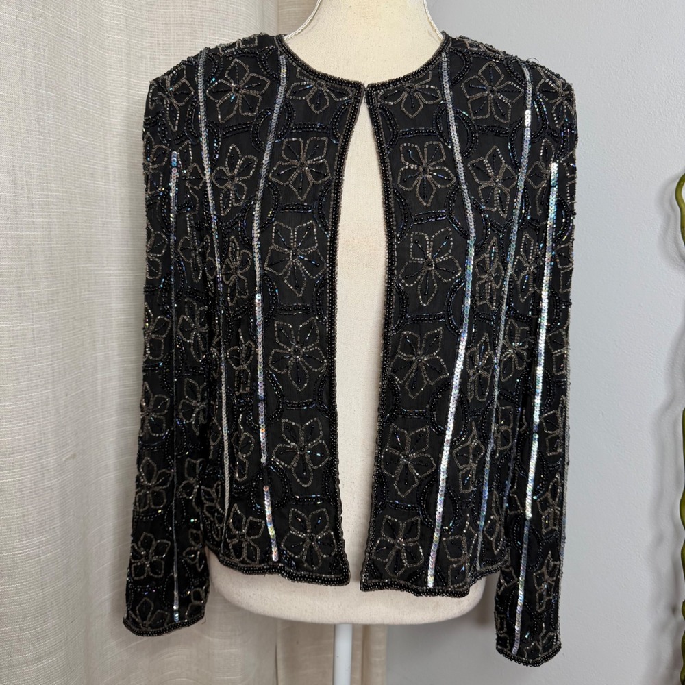 Papell Boutique Evening Beaded Sequin Silk Jacket Black Women's PL Petite Large
